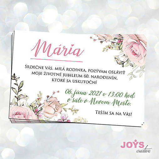 Pozvánka na narodeniny, narodeninová pozvánka s ružovými ružami na oslavu 50tky