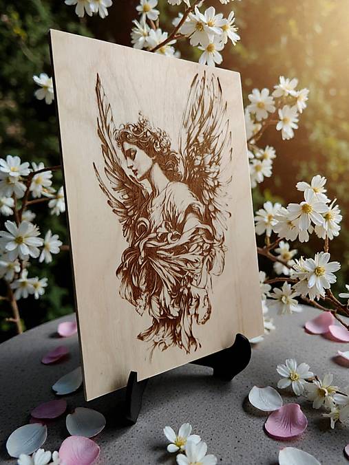 Obrazy - Anjel, Drevený vypaľovaný obraz + stojan - 18191227_