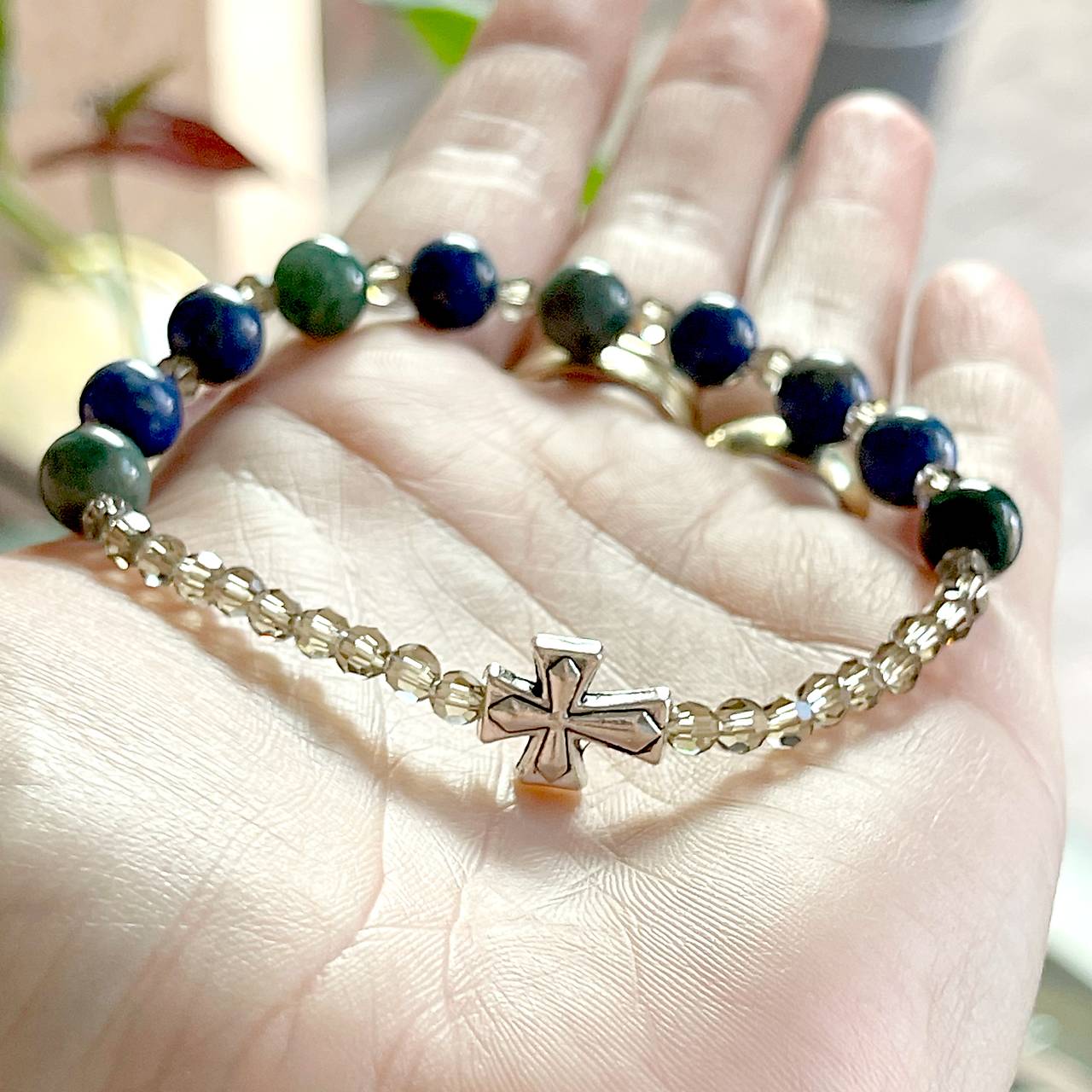 Men Elastic Lapis and Aagte Rosary / Pánsky ruženec achát, lazurit E069