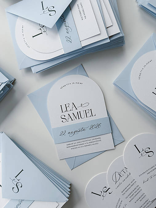 Papiernictvo - Moderné svadobné oznámenie 306 polkruh pastolovo modré - 18193774_