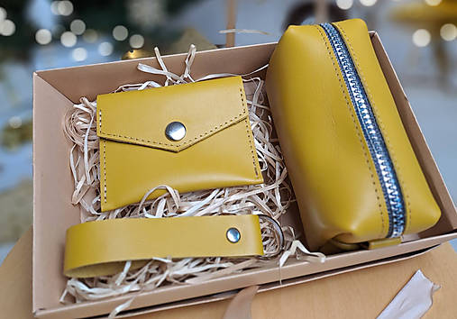 Taštičky - Kožený darčekový balíček (žltá) - 18196212_