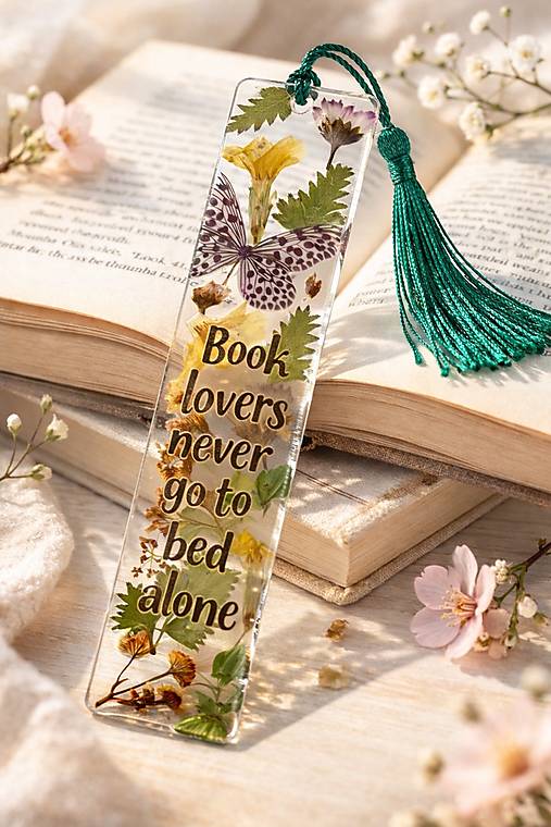 Záložka do knihy z epoxidu so sušenými kvetmi a nápisom pre knihomoľa (Zelená - “Book lovers never go to bed alone”)
