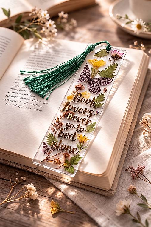 Záložka do knihy z epoxidu so sušenými kvetmi a nápisom pre knihomoľa (Zelená - “Book lovers never go to bed alone”)