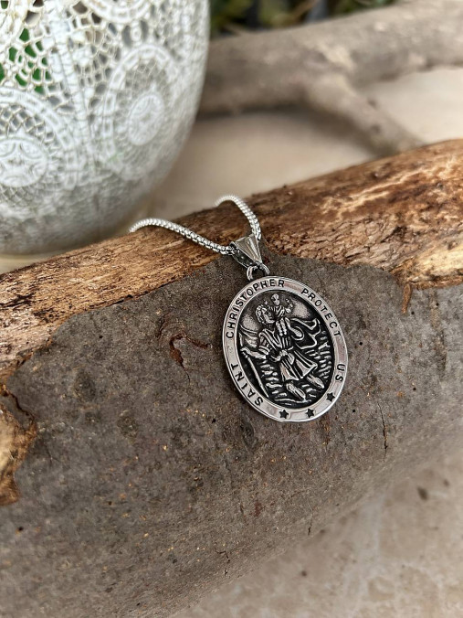 Náhrdelníky - medailón a retiazka sv. Krištof - oceľ - 18195638_