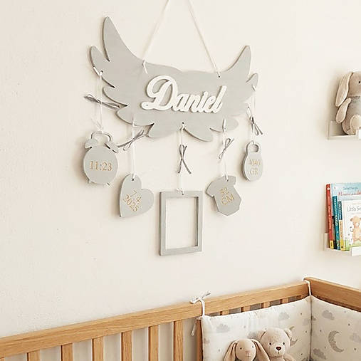 Meno s údajmi a krídlami 35cm -darček pre novorodeneca