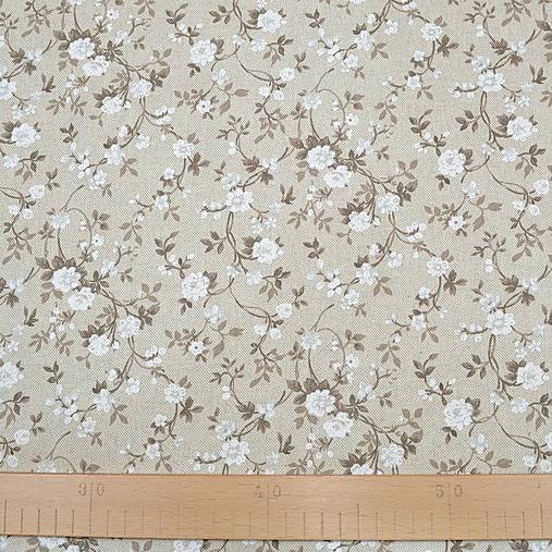 Textil - Výpredaj metráž 1,5m - bielo hnedé kvietky na režnej - 18197442_
