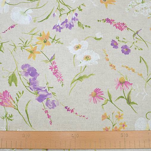 Textil - Výpredaj metráž 1,45m - jarné farebné kvety na režnej - 18197461_