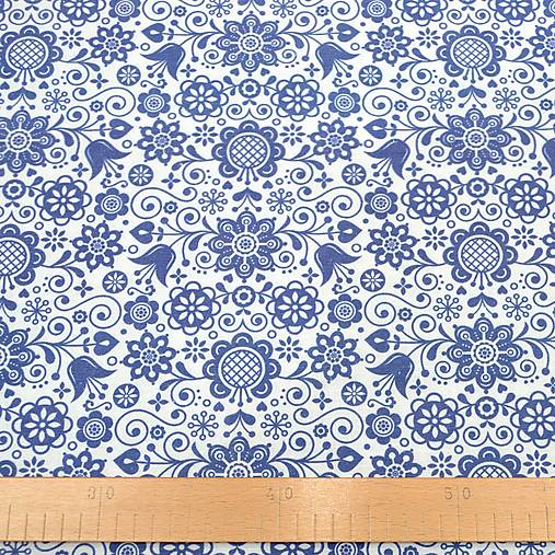 Textil - Výpredaj metráž 1,35m - modrý folklórny vzor na bielej - 18199113_