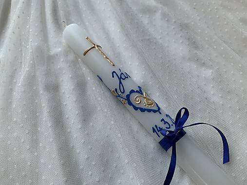 Ručne maľovaná krstná svieca s personalizáciou – 35 cm, biely vosk modrozlatá