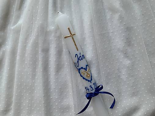 Ručne maľovaná krstná svieca s personalizáciou – 35 cm, biely vosk modrozlatá