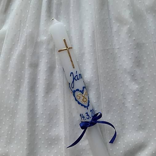Ručne maľovaná krstná svieca s personalizáciou – 35 cm, biely vosk modrozlatá