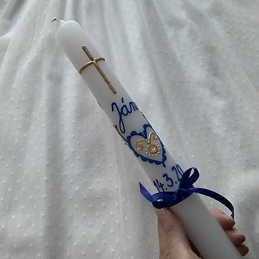 Ručne maľovaná krstná svieca s personalizáciou – 35 cm, biely vosk modrozlatá