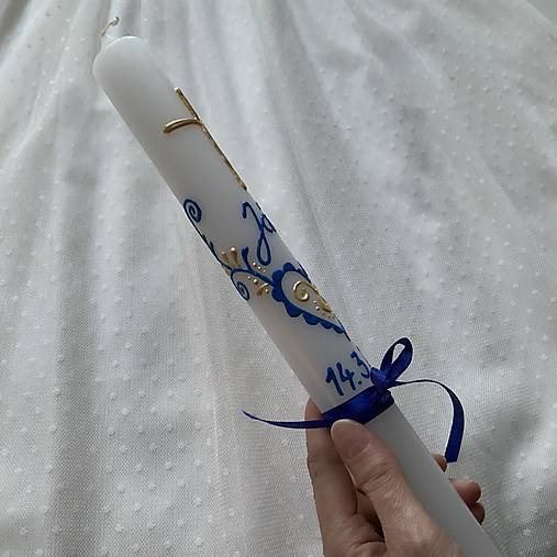 Ručne maľovaná krstná svieca s personalizáciou – 35 cm, biely vosk modrozlatá