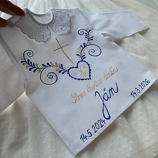 Krstná košieľka ručne maľovaná ľudovoladená modro-zlatá