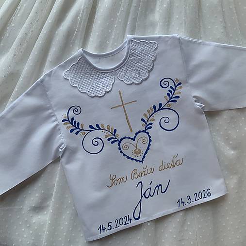 Krstná košieľka ručne maľovaná ľudovoladená modro-zlatá