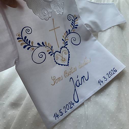 Krstná košieľka ručne maľovaná ľudovoladená modro-zlatá