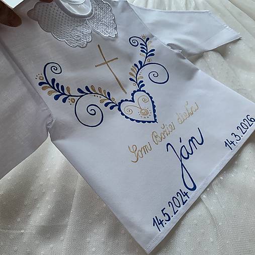 Krstná košieľka ručne maľovaná ľudovoladená modro-zlatá