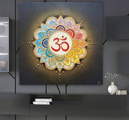Obrazy - Čakrová  mandala MEDITÁCIA ॐ (gold-black) 30 x 30 - 18201229_