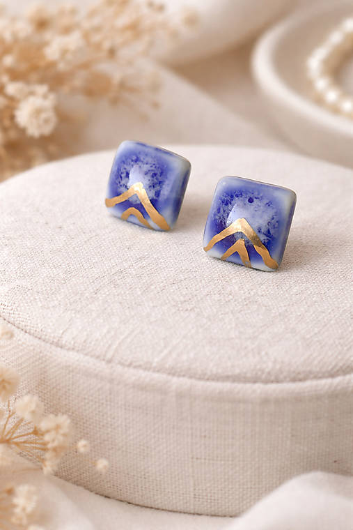 Náušnice - Štvorce - geometria - porcelánové náušnice so zlatom - 18202641_