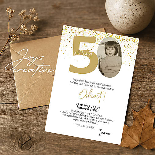 Retro pozvánka na narodeniny s fotkou z detstva B10 s trblietkami