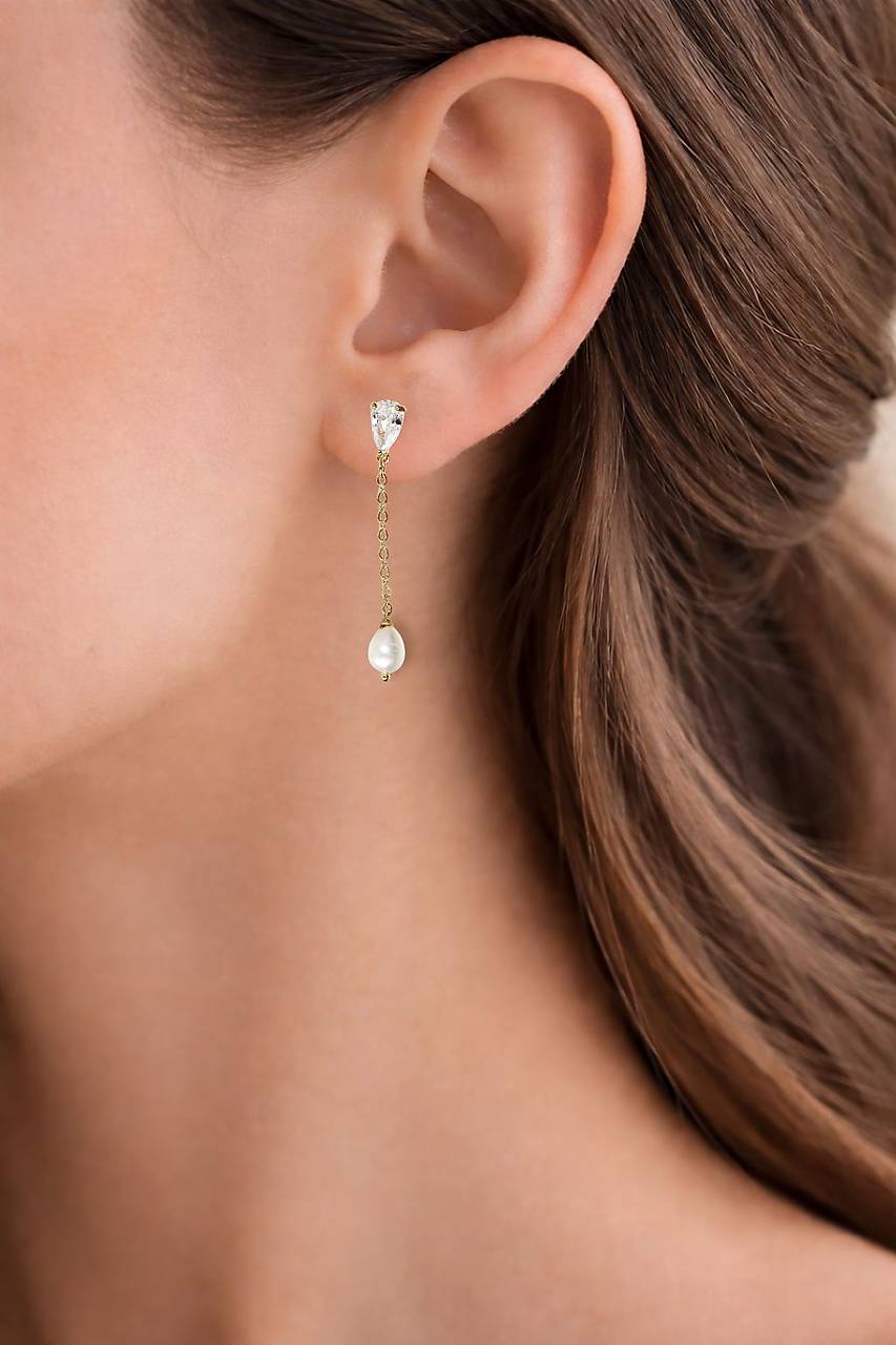 Pozlátené náušnice so zirkónmi a riečnou perlou Elena