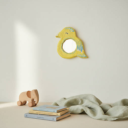 Zavesne zrkadlo na detsku izbu v tvare vtáka (Žltá)