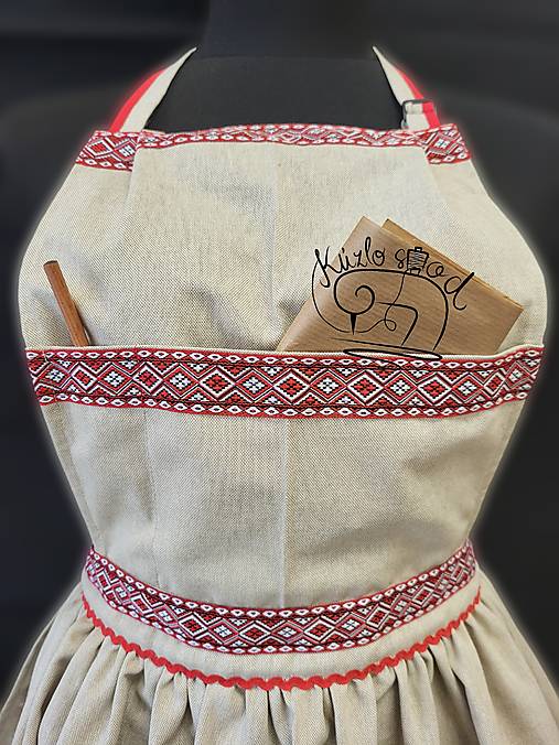 Úžitkový textil - Bohato riasená dámska zástera 70cm červeno béžová - 18210167_