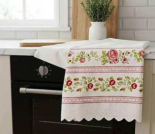 Luxusná bavlnená kuchynská utierka 45x70 cm – vidiecky vintage štýl, ruže, madeira, čipka, handmade Slovensko