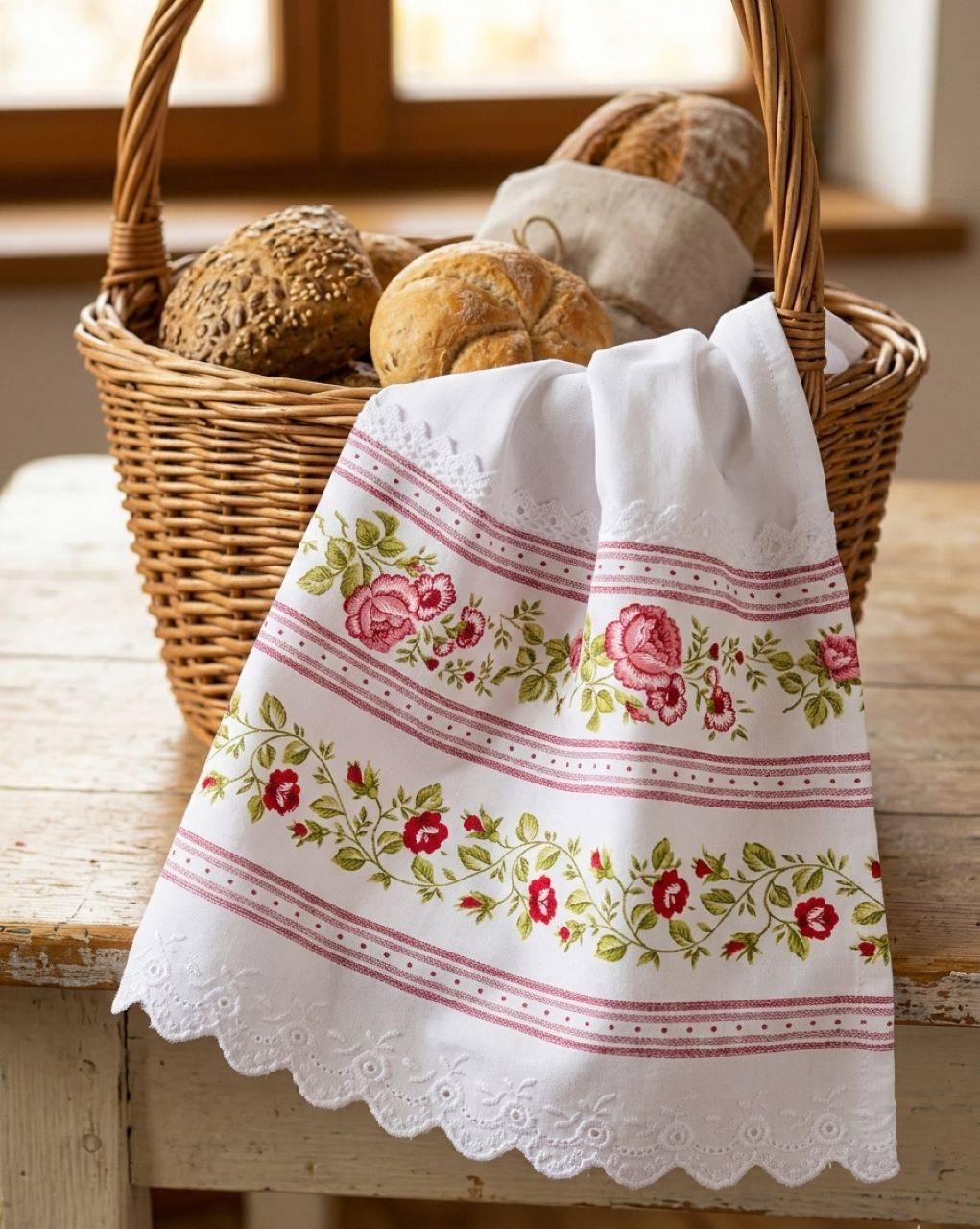 Luxusná bavlnená kuchynská utierka 45x70 cm – vidiecky vintage štýl, ruže, madeira, čipka, handmade Slovensko