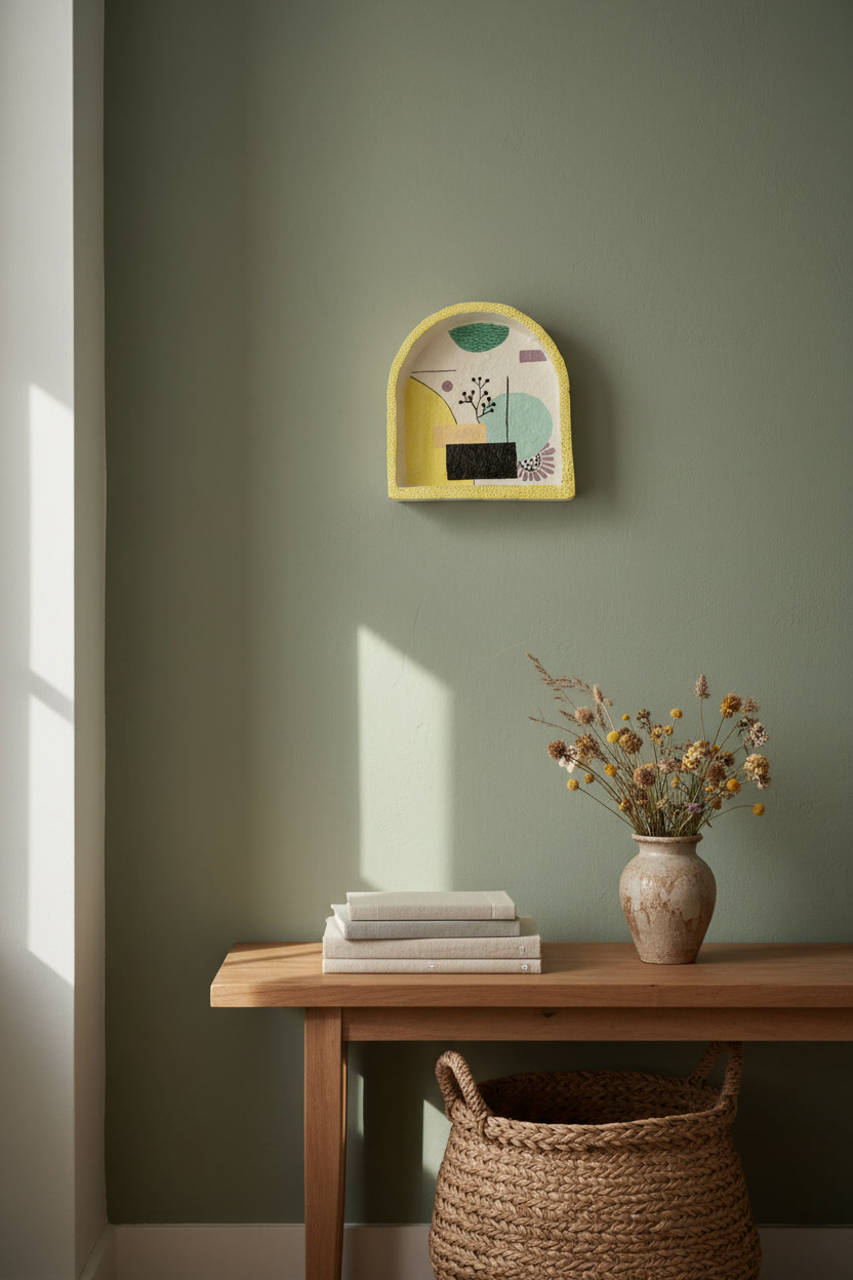 Mala ručne vyrobená polička s abstraktnym dizajnom