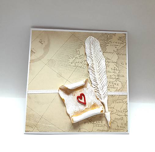 Papiernictvo - Pohľadnica / blahoželanie ... mapa, brko a ♥ - 18213714_