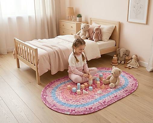 Ružový ručne šitý koberec Jelly-Roll – Peacock Paradise