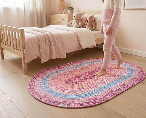 Ružový ručne šitý koberec Jelly-Roll – Peacock Paradise