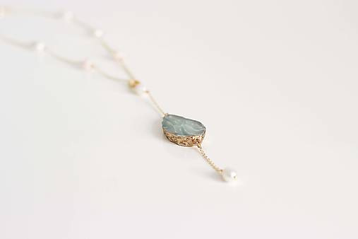 Náhrdelník s riečnymi perlami a odnímateľným príveskom (ružový) (Zelený prívesok)