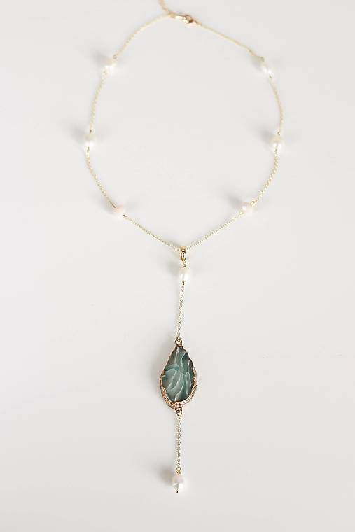 Náhrdelník s riečnymi perlami a odnímateľným príveskom (ružový) (Zelený prívesok)