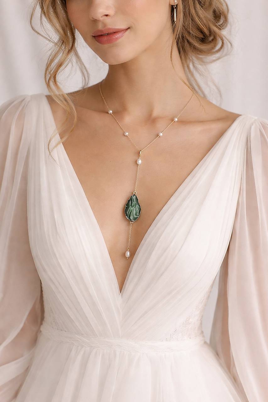 Náhrdelník s riečnymi perlami a odnímateľným príveskom (ružový) (Zelený prívesok)