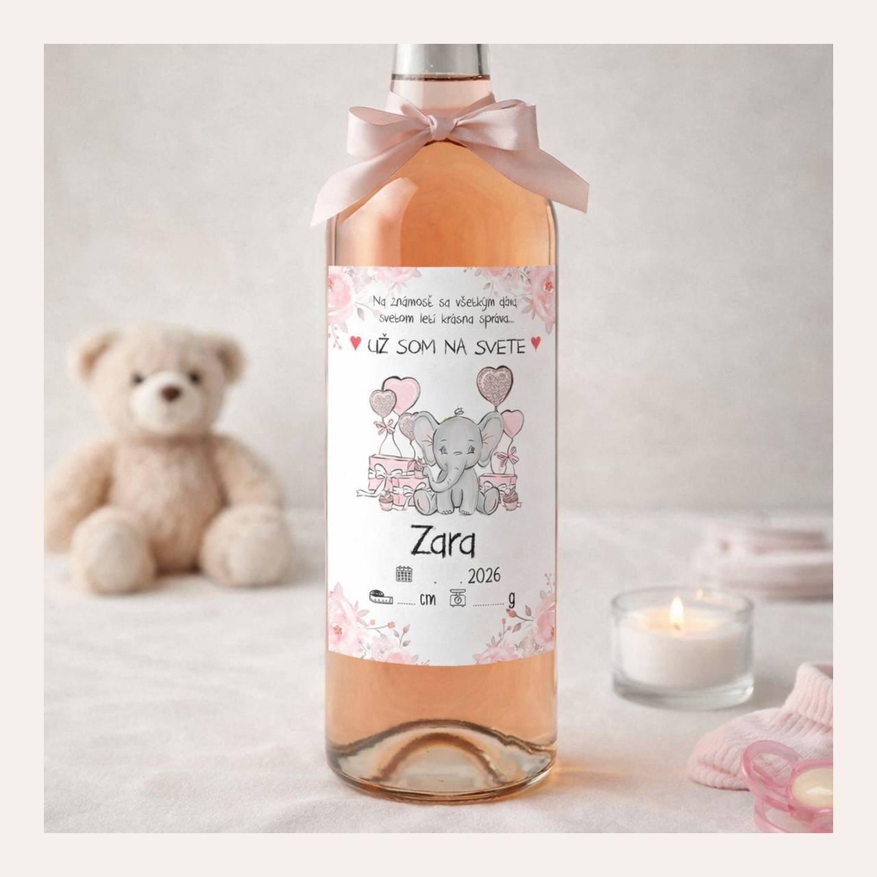 Samolepiaca etiketa "radostník" na víno/pálenku (sloník s kvetmi a textom hore)