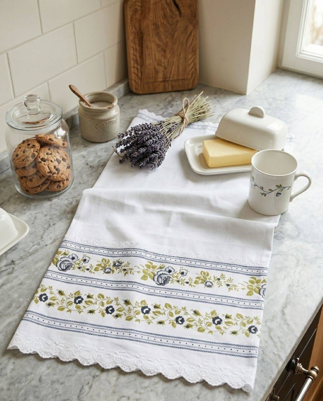 Kuchynská utierka bavlnená 45 × 70 cm – vidiecky vintage štýl, modré a sivé kvety, madeira, čipka, dekorácia do kuchyne
