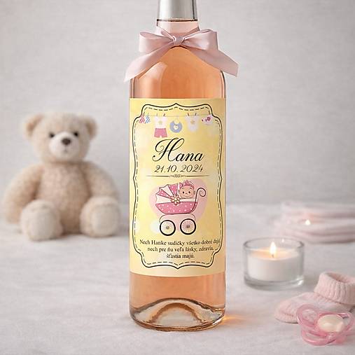 Samolepiaca etiketa "radostník" na víno/pálenku (žltá + bábätko v ružovom kočiariku)