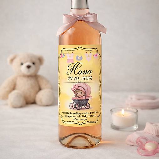 Samolepiaca etiketa "radostník" na víno/pálenku (žltá + kučeravé dievčatko)