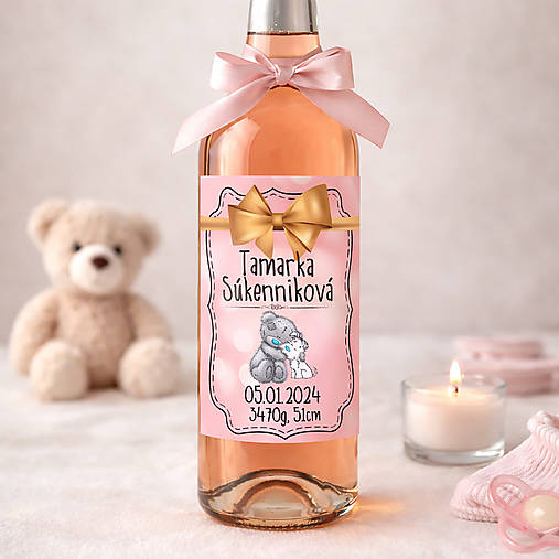 Samolepiaca etiketa "radostník" na víno/pálenku (macko so psíkom a zlatou mašľou)