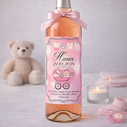 Samolepiaca etiketa "radostník" na víno/pálenku (ružová + bábätko v ružovom kočiariku)