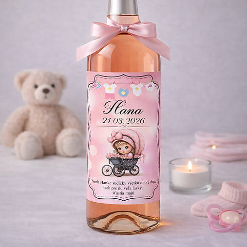 Samolepiaca etiketa "radostník" na víno/pálenku (ružová + kučeravé dievčatko)