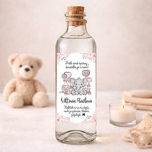 Samolepiaca etiketa "radostník" na víno/pálenku  (ružová so sloníkom)