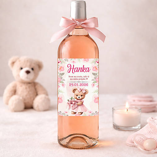 Samolepiaca etiketa "radostník" na víno/pálenku (medvedík s darčekom)