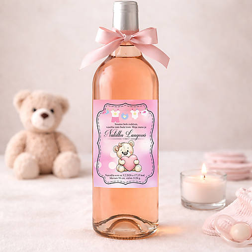 Samolepiaca etiketa "radostník" na víno/pálenku (macko so srdiečkom)