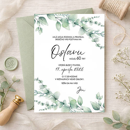 Pozvánka na narodeniny, narodeninová pozvánka na 50 v štýle greenery s lístkami (vzor 1)