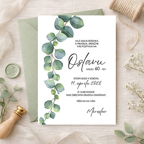 Pozvánka na narodeniny, narodeninová pozvánka na 50 v štýle greenery s lístkami (vzor 2)