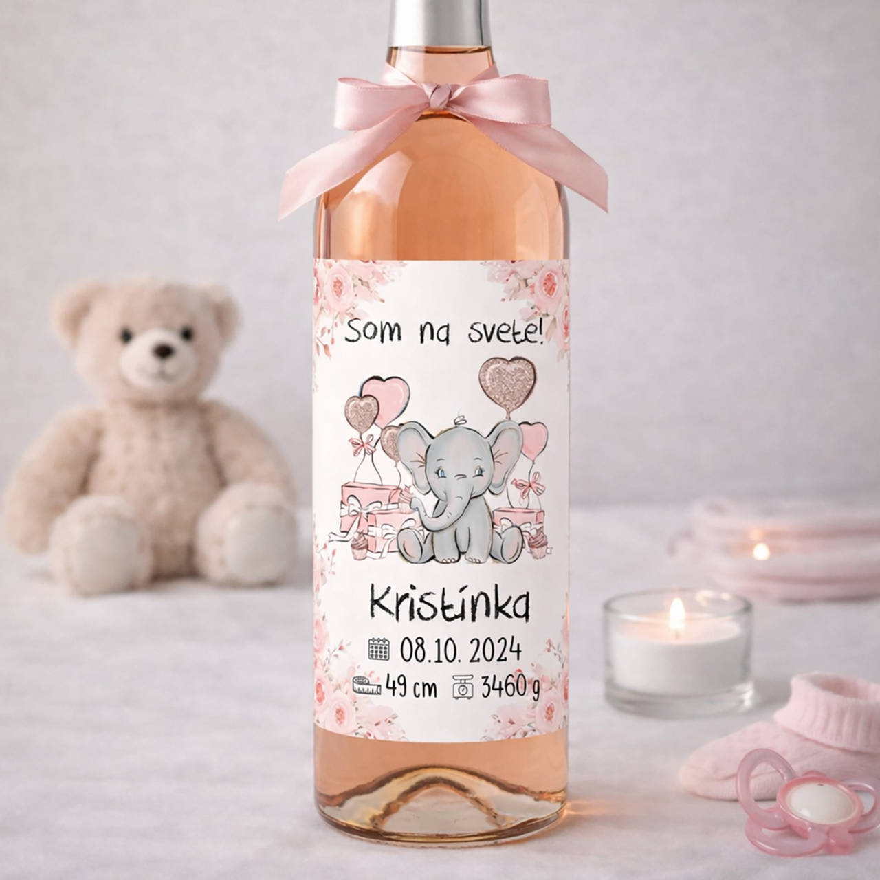 Samolepiaca etiketa "radostník" na víno/pálenku (sloník s kvetmi a údajmi)