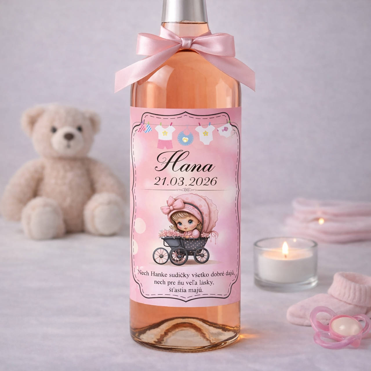 Samolepiaca etiketa "radostník" na víno/pálenku (ružová + kučeravé dievčatko)